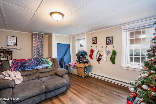 living room with baseboard heating, crown molding, and wood-type flooring