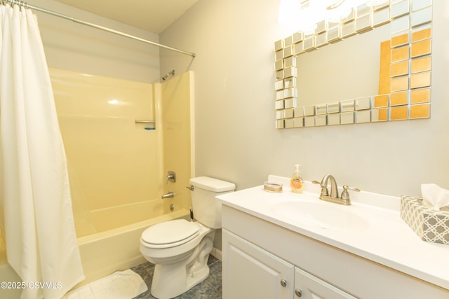 full bathroom with toilet, vanity, tile patterned floors, and shower / bath combo with shower curtain