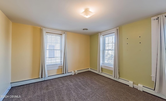 empty room with carpet flooring and a baseboard radiator