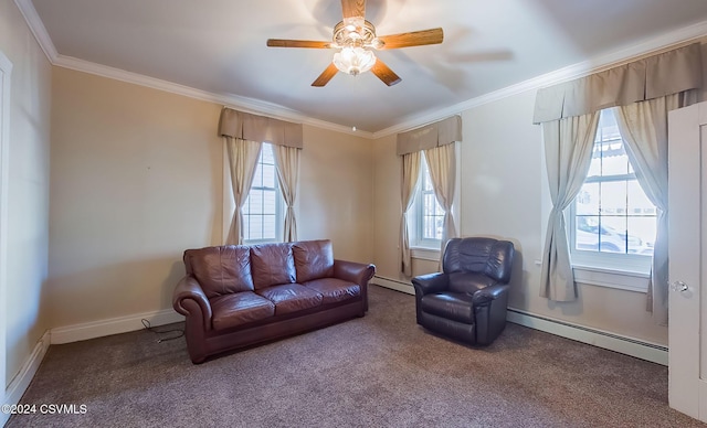 carpeted living room featuring a healthy amount of sunlight, ceiling fan, a baseboard radiator, and ornamental molding