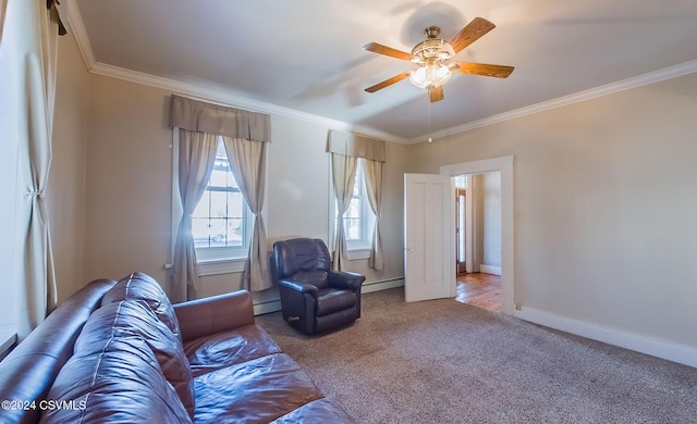 living room with carpet, ceiling fan, ornamental molding, and a baseboard heating unit