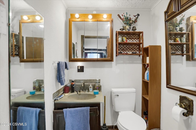 bathroom featuring toilet, vanity, a textured ceiling, and ornamental molding