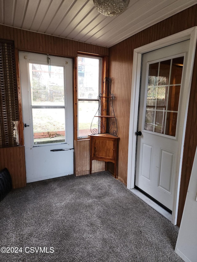 interior space with wooden walls and carpet