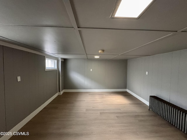 basement featuring wood-type flooring and wooden walls