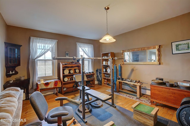 workout area with light hardwood / wood-style flooring