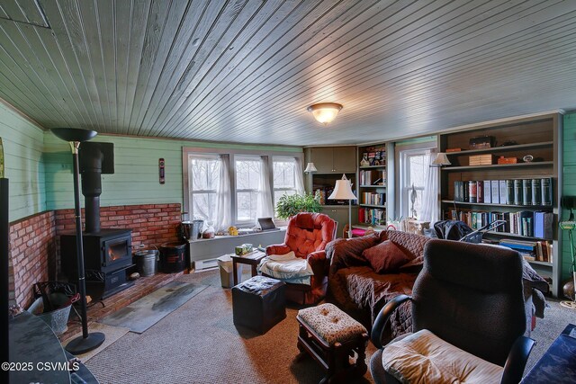 living room with a wood stove and wood walls