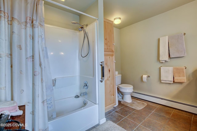 bathroom with toilet, shower / bath combination with curtain, and a baseboard heating unit