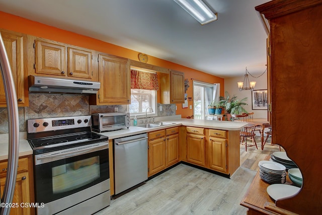 kitchen with pendant lighting, sink, appliances with stainless steel finishes, kitchen peninsula, and a chandelier