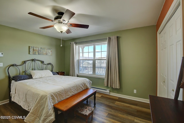 bedroom featuring ceiling fan, a closet, dark hardwood / wood-style flooring, and a baseboard heating unit