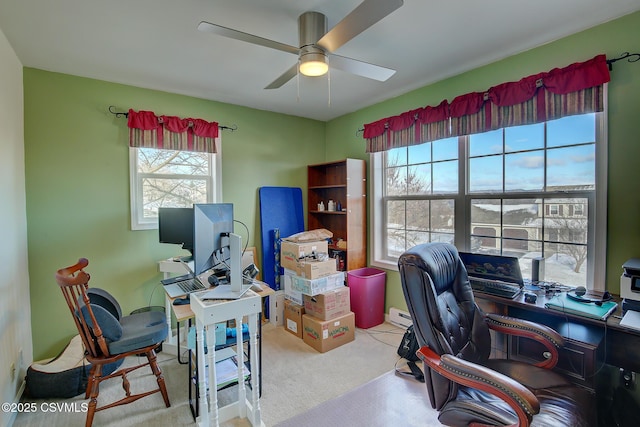 office space featuring carpet flooring and ceiling fan