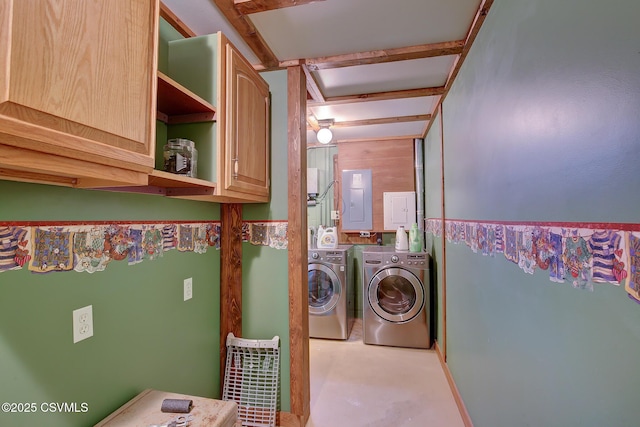 washroom with electric panel and washing machine and clothes dryer