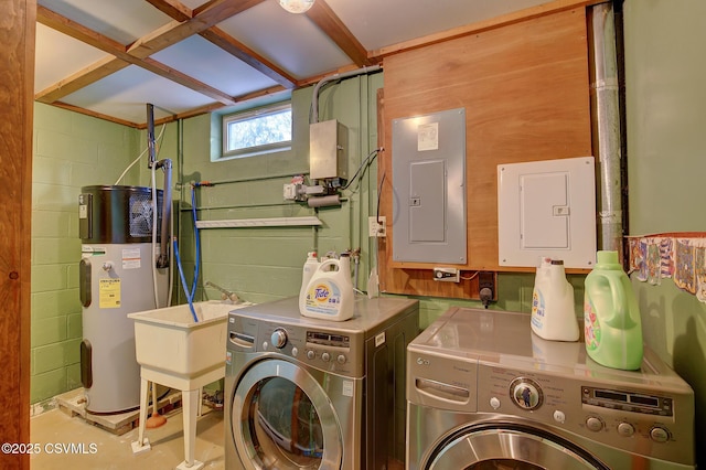 laundry room featuring electric panel, water heater, and washing machine and clothes dryer