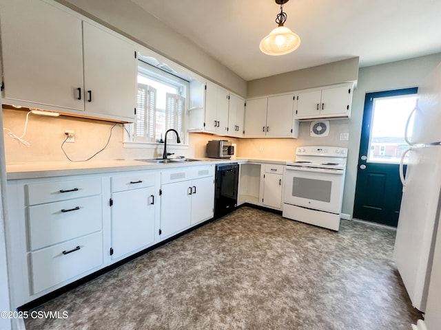 kitchen with white cabinets, white appliances, sink, and hanging light fixtures