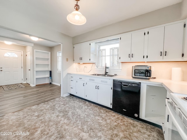 kitchen with stove, white cabinets, sink, black dishwasher, and light hardwood / wood-style floors