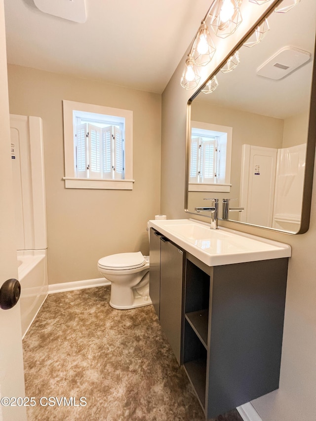 full bathroom featuring shower / tub combination, vanity, and toilet