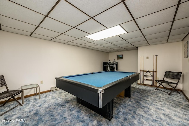 game room featuring baseboard heating, dark carpet, billiards, and a paneled ceiling