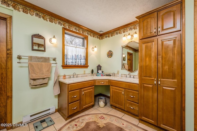 bathroom featuring vanity, tile patterned floors, ornamental molding, a textured ceiling, and a baseboard radiator