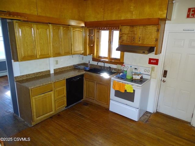 kitchen featuring dishwasher, sink, dark hardwood / wood-style floors, a baseboard heating unit, and electric stove