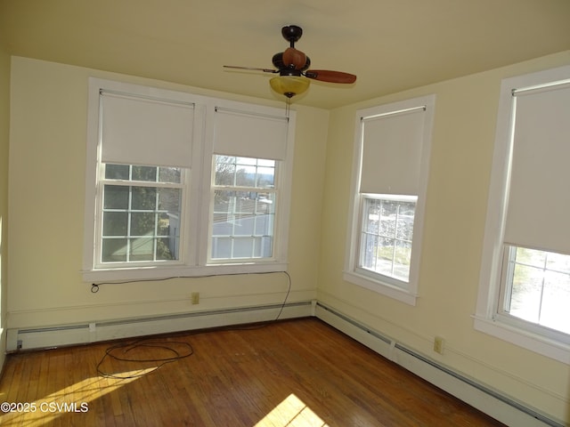 unfurnished room with hardwood / wood-style floors, ceiling fan, and a baseboard radiator