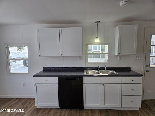 kitchen with dark wood-type flooring, sink, decorative light fixtures, black dishwasher, and white cabinets