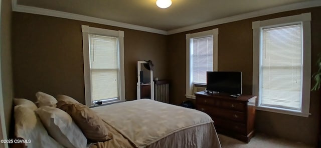 bedroom featuring carpet and crown molding