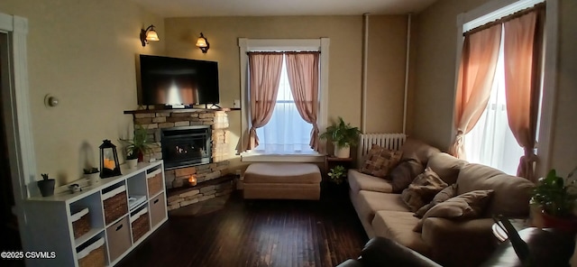 sitting room featuring a fireplace and dark wood-type flooring