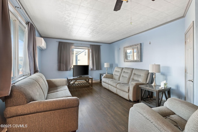 living room with ceiling fan, ornamental molding, dark wood-type flooring, and an AC wall unit