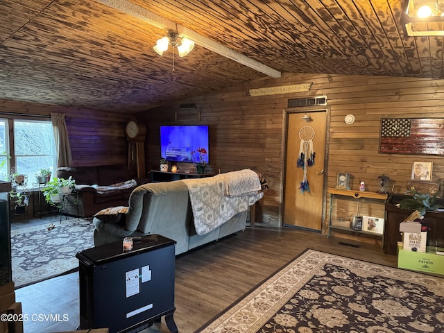 living room with lofted ceiling, wood-type flooring, wooden ceiling, and wood walls