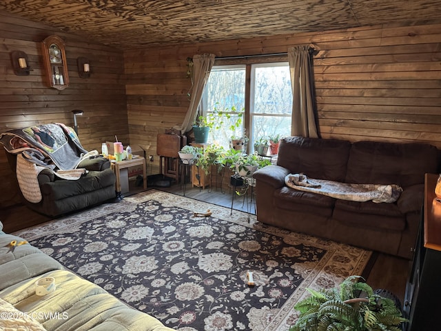 living room with wooden ceiling and wooden walls