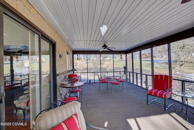 sunroom featuring wood ceiling and ceiling fan