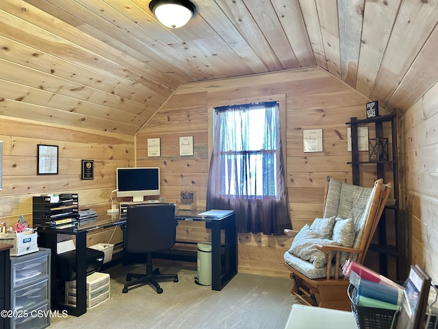 home office with carpet, vaulted ceiling, wood walls, and wood ceiling