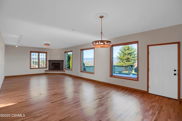 unfurnished living room featuring light wood-type flooring and track lighting