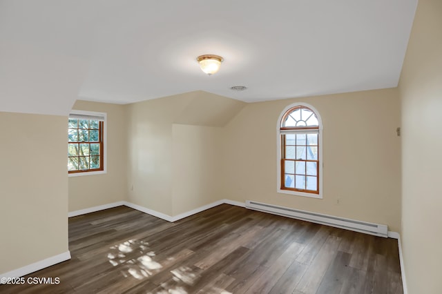 additional living space with lofted ceiling, dark hardwood / wood-style floors, and a baseboard radiator