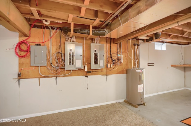 basement with electric panel and water heater