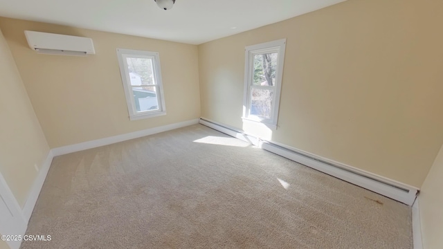 carpeted empty room featuring an AC wall unit and a baseboard radiator