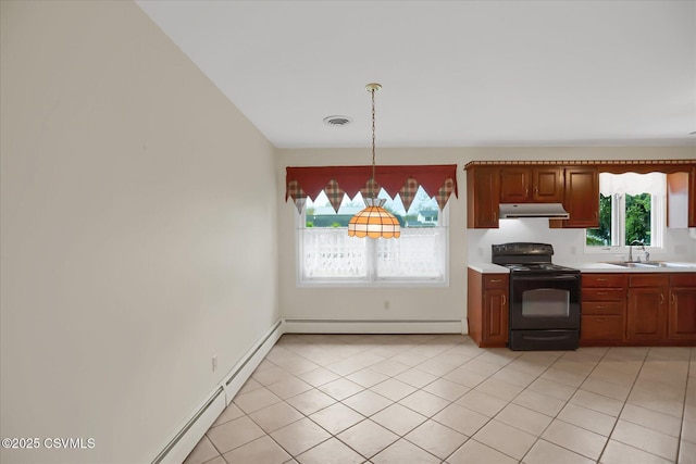 kitchen with a baseboard heating unit, black electric range, decorative light fixtures, sink, and light tile patterned floors