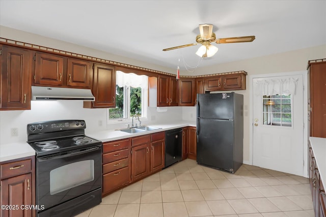 kitchen with sink, black appliances, and ceiling fan