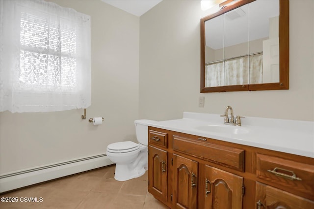 bathroom featuring toilet, tile patterned flooring, a baseboard heating unit, and vanity