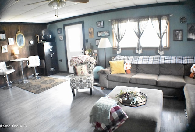 living room with ceiling fan and hardwood / wood-style floors