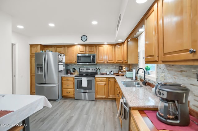 kitchen featuring light wood-type flooring, appliances with stainless steel finishes, tasteful backsplash, and sink