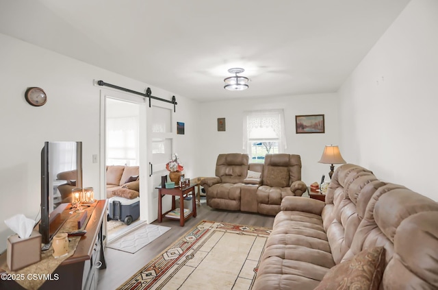 living room with hardwood / wood-style flooring and a barn door