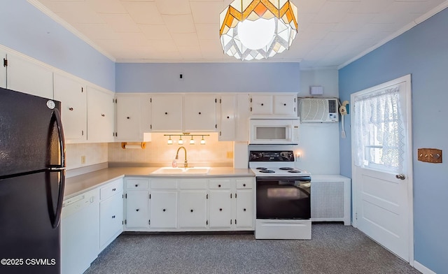 kitchen with an AC wall unit, sink, white cabinets, ornamental molding, and white appliances