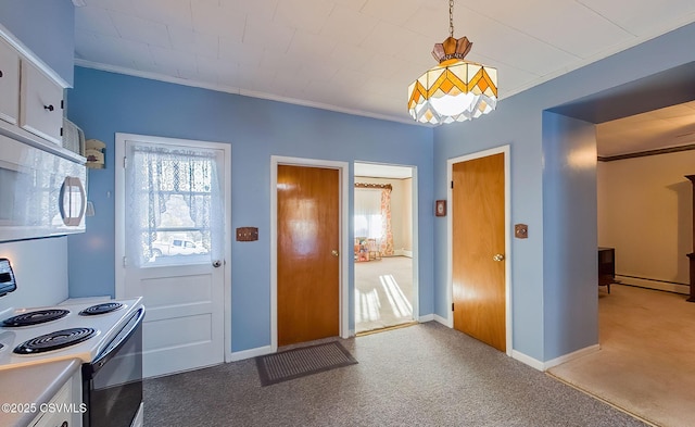 kitchen featuring hanging light fixtures, light colored carpet, ornamental molding, and range with electric cooktop