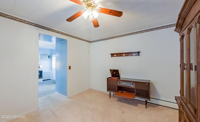 interior space with crown molding and light colored carpet