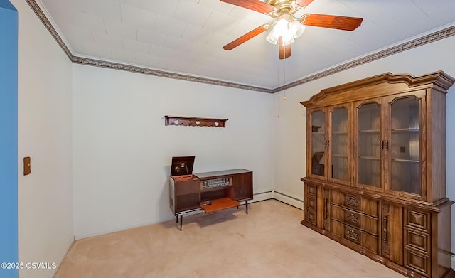 miscellaneous room with crown molding, light colored carpet, and ceiling fan