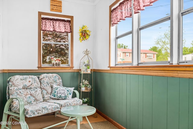 sitting room with wooden walls