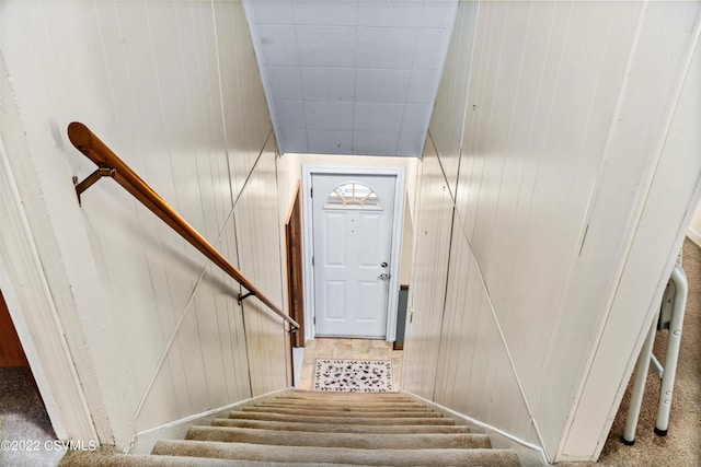 stairway featuring carpet flooring and wooden walls