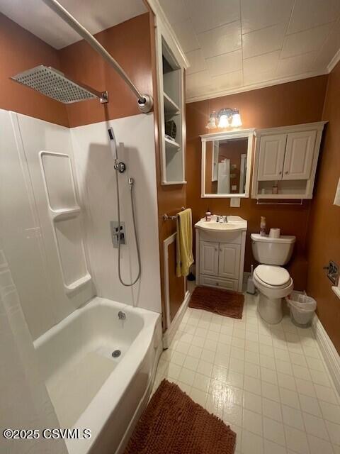 full bathroom featuring vanity, ornamental molding, shower / washtub combination, and toilet