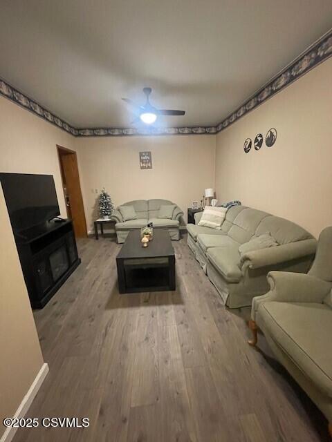 living room with hardwood / wood-style flooring and ceiling fan