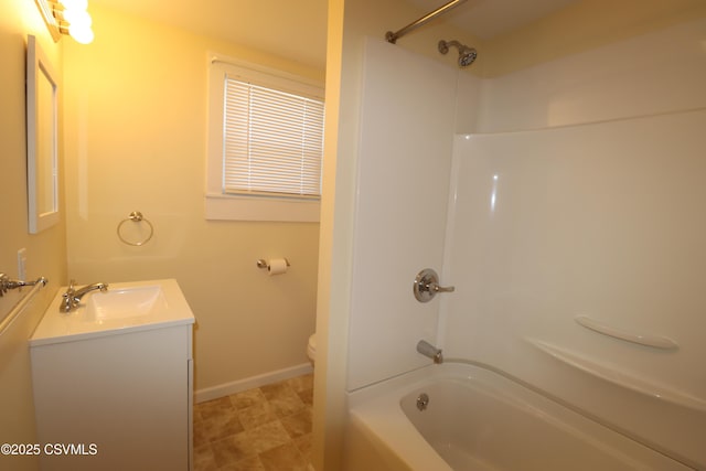 full bathroom with washtub / shower combination, toilet, and vanity